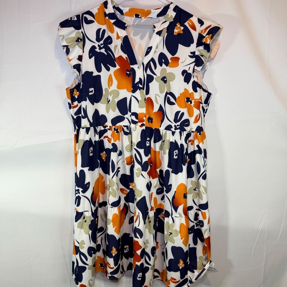 SHEIN Women's Dress White Orange Navy L Floral Tiered Flutter Sleeve Mini
